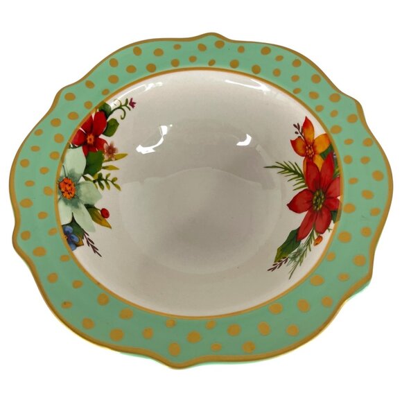 The Pioneer Woman Holiday Charm Stoneware Bowl 8” Scalloped Rim Polka Dot Floral - Picture 2 of 8